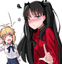 Rule 34 | 2girls, a:n (angrynum), ahoge, artoria pendragon (all), artoria pendragon (fate), bad id, bad pixiv id, black hair, blonde hair, blouse, blue eyes, blush, blush stickers, embarrassed, fate/stay night, fate (series), green eyes, hair ribbon, hand on own hip, highres, long hair, looking at viewer, multiple girls, open mouth, pout, ribbon, saber (fate), shirt, star (symbol), sweater, tohsaka rin, two side up, v over eye