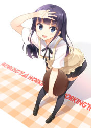 Rule 34 | 1girl, :d, apron, black thighhighs, blue eyes, blush, hyuuga azuri, leaning forward, loafers, long hair, looking at viewer, open mouth, purple hair, shoes, skirt, smile, solo, thighhighs, tray, waitress, working!!, yamada aoi, zettai ryouiki