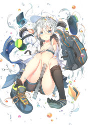 Rule 34 | 10s, 1girl, :o, air bubble, armpits, backpack, bad feet, bag, between legs, black thighhighs, blue eyes, blush, breasts, bubble, collarbone, flat cap, full body, handheld game console, hat, hibiki (kancolle), kantai collection, looking at viewer, navel, nintendo 3ds, off shoulder, scissors, shoes, silver hair, simple background, single shoe, small breasts, sneakers, solo, sports bra, star (symbol), sune (mugendai), suneo, thighhighs, verniy (kancolle)