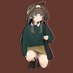 Rule 34 | 1girl, ahoge, alternate costume, bag, brown background, brown footwear, brown hair, brown skirt, double bun, green sweater, hair bun, hairband, highres, kantai collection, kongou (kancolle), long hair, looking to the side, purple eyes, shoes, simple background, skirt, solo, squatting, sweater, takeda yuuta, translation request, upskirt, yellow hairband