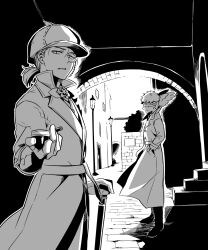 Rule 34 | 2boys, animal, animal on shoulder, arch, bird, bird on shoulder, blindfold, bow, bowtie, brooch, building, cane, coat, collared shirt, cowboy shot, deerstalker, detective, eli clark, eli clark (recluse), full body, gloves, greyscale, hand in pocket, hat, highres, holding, holding cane, holding smoking pipe, identity v, jewelry, lamppost, lapels, looking at viewer, low ponytail, male focus, medium hair, monochrome, monocle, multiple boys, naib subedar, naib subedar (mr. inference), necktie, notched lapels, pants, parted lips, profile, shirt, shoes, short hair, short ponytail, smile, smoking pipe, stairs, standing, stone walkway, trench coat, tsumumi (kandume103)
