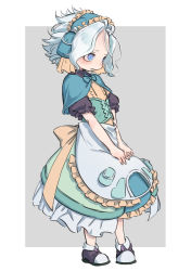 Rule 34 | 1boy, absurdres, aged down, alternate color, androgynous, apron, aqua bow, aqua bowtie, aqua capelet, aqua hairband, aqua skirt, belafu (human), blue apron, blue eyes, blue hair, border, bow, bowtie, child, commentary request, corset, cosplay, frilled apron, frilled hairband, frilled skirt, frills, full body, green skirt, grey background, grey footwear, hairband, highres, layered skirt, light blue hair, made in abyss, male focus, maromayu, maruruk, maruruk (cosplay), parted bangs, parted lips, pouch, puffy short sleeves, puffy sleeves, shoes, short hair, short sleeves, sketch, skirt, solo, standing, trap, v arms, waist apron, wavy hair, white border, white footwear