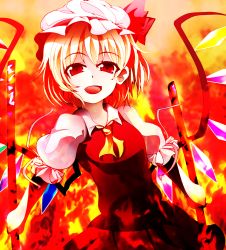 Rule 34 | 1girl, ascot, blonde hair, bow, flandre scarlet, hat, hat bow, highres, kotaroukuroo, mob cap, open mouth, puffy sleeves, red eyes, shirt, short sleeves, skirt, skirt set, solo, touhou, wings