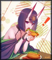 Rule 34 | !, 1girl, absurdres, bare shoulders, bob cut, breasts, bridal gauntlets, collarbone, cup, eating, eyeliner, fate/grand order, fate (series), headpiece, highres, horns, hot dog, japanese clothes, kimono, long sleeves, looking at viewer, makeup, off shoulder, oni, open mouth, plate, purple eyes, purple hair, purple kimono, revealing clothes, sawarineko, short hair, shuten douji (fate), skin-covered horns, small breasts, solo, wide sleeves