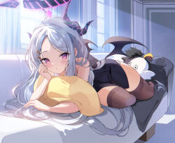 Rule 34 | 1girl, :t, absurdres, ahoge, bare shoulders, black skirt, black thighhighs, black wings, blanket, blue archive, blush, closed mouth, commentary request, couch, demon horns, diamond-shaped pupils, diamond (shape), hair ornament, hairclip, halo, hand on own cheek, hand on own face, head rest, hido (cherryhido), highres, hina (blue archive), horns, indoors, long hair, looking at viewer, low wings, lying, multiple horns, on couch, on side, parted bangs, purple eyes, shirt, sidelighting, skirt, sleeveless, sleeveless shirt, solo, symbol-shaped pupils, thighhighs, thighs, very long hair, white hair, white shirt, window, wings
