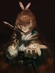 Rule 34 | 1girl, ahoge, belt, brown capelet, brown cloak, brown corset, brown hair, cape, capelet, cloak, corset, crossed bangs, dagger, dark background, fallenspherell, feathers, fingernails, gloves, hair ornament, hairclip, highres, holding, holding dagger, holding eyeball, holding knife, holding weapon, hololive, hololive english, horror (theme), knife, lips, multicolored hair, nanashi mumei, nanashi mumei (1st costume), partially fingerless gloves, red eyes, ribbon, shirt, smile, streaked hair, virtual youtuber, weapon, white shirt