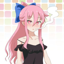 Rule 34 | 1girl, alternate costume, alternate hairstyle, bare shoulders, blowing smoke, blush, bow, camisole, cato (monocatienus), collarbone, commentary request, contemporary, expressionless, flat chest, full-face blush, hair bow, hata no kokoro, high ponytail, looking at viewer, no mask, off shoulder, pink eyes, pink hair, ponytail, sidelocks, solo, touhou, tsurime