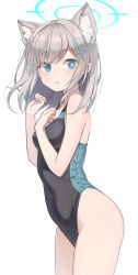 Rule 34 | 1girl, absurdres, animal ear fluff, animal ears, aqua one-piece swimsuit, armpit crease, ass, bare shoulders, black one-piece swimsuit, blue archive, blue eyes, blue one-piece swimsuit, blush, breasts, cat ears, cat girl, covered navel, cross, diamond-shaped pupils, diamond (shape), earrings, goyain, grey hair, hair ornament, halo, hand on own chest, hands up, highres, jewelry, looking to the side, multicolored clothes, multicolored swimsuit, one-piece swimsuit, parted lips, shiroko (blue archive), shiroko (swimsuit) (blue archive), simple background, small breasts, solo, swimsuit, symbol-shaped pupils, thighs, white background