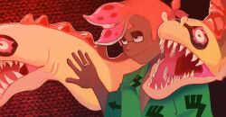 1boy baker_(splatoon) collared_shirt dark-skinned_male dark_skin domino_mask green_shirt hand_up highres jewelry mask moray_eel nintendo print_shirt ring sharp_teeth shirt smile solo splatoon_(series) splatoon_3 teeth tripledip