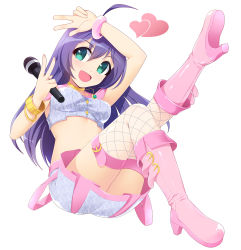 Rule 34 | 10s, 1girl, :d, ahoge, aqua eyes, blue hair, blush, boots, bracelet, buckle, double v, fishnets, heart, high heels, idolmaster, idolmaster million live!, jewelry, knee up, leg up, long hair, looking at viewer, lots of jewelry, microphone, midriff, million dreams (idolmaster), mochizuki anna, open mouth, skirt, smile, solo, taut clothes, thighhighs, totokichi, v