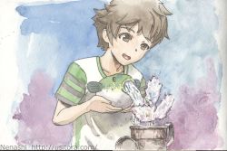 Rule 34 | 1boy, animal, artist name, ballpoint pen (medium), blue background, brown eyes, brown hair, fish, fish spitting water, green sleeves, holding, holding animal, holding fish, kemurikusa, kemurikusa (object), meme, messy hair, multicolored background, nenashi, open mouth, painting (medium), puffer fish, puffer fish vomiting water (meme), purple background, shirt, short hair, smile, t-shirt, traditional media, wakaba (kemurikusa), water, watercolor (medium), watering, watermark, web address, white shirt