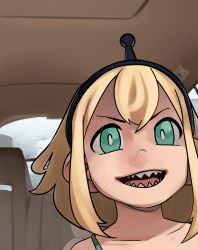 Rule 34 | 1girl, :d, amano pikamee, aqua camisole, black hairband, blonde hair, bra, bra strap, bright pupils, camisole, car interior, close-up, commentary, english commentary, gon (piesonscreation), green bra, green eyes, hairband, highres, looking at viewer, meme, open mouth, parody, photo-referenced, riff raff (rapper), sharp teeth, short hair, smile, solo, teeth, underwear, virtual youtuber, voms