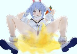 Rule 34 | 1girl, absurdres, anus, bar censor, blue hair, censored, female pubic hair, highres, hololive, multicolored hair, open mouth, peeing, peeing on viewer, pubic hair, pussy, solo, streaked hair, usada pekora, view between legs, virtual youtuber, yellow eyes