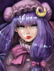 Rule 34 | 1girl, axe r18, blue eyes, blunt bangs, bow, crescent, cum, cum on hair, facial, hair bow, hat, licking, lipstick, looking at viewer, makeup, mob cap, patchouli knowledge, pink bow, portrait, purple hair, red lips, solo, tongue, tongue out, touhou
