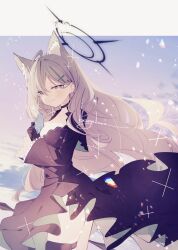 Rule 34 | 1girl, ahoge, animal ear fluff, animal ears, black choker, black dress, black gloves, black halo, blue archive, blue sky, blush, border, breasts, broken halo, choker, cleavage, closed mouth, cloud, cloudy sky, commentary request, cross, cross hair ornament, dress, extra ears, frilled dress, frills, gloves, grey eyes, grey hair, hair behind ear, hair ornament, halo, highres, holding, inverted cross, kasuga haruhi, large breasts, long hair, long sleeves, looking at viewer, mismatched pupils, outside border, shiroko (blue archive), shiroko terror (blue archive), sky, smile, solo, thigh strap, thighs, very long hair, white border, wolf ears, wolf girl