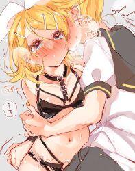 Rule 34 | 1boy, 1girl, arms behind back, bdsm, bikini, blush, bondage, bound, brother and sister, collar, highres, incest, kagamine len, kagamine rin, mimi mine, navel, o-ring, o-ring bikini, siblings, swimsuit, tearing up, twins, vocaloid