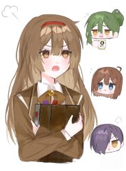 Rule 34 | 2boys, 2girls, ahoge, blush, book, bow, bowtie, brown bow, brown bowtie, brown coat, brown eyes, brown hair, coat, green hair, hair bun, hair ornament, hair over one eye, hairband, hairclip, highres, hod (project moon), holding, holding book, library of ruina, long hair, long sleeves, malkuth (project moon), medium hair, mimingaminchi, multiple boys, multiple girls, netzach (project moon), open mouth, project moon, purple hair, red hairband, sidelocks, simple background, solo focus, white background, yellow eyes, yesod (project moon)