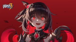Rule 34 | 1girl, ai xiao meng, black hair, colored inner hair, commentary request, copyright name, glowing, glowing eyes, hair between eyes, hair ribbon, highres, honkai (series), honkai impact 3rd, long hair, looking at viewer, multicolored hair, official art, open mouth, portrait, red background, red eyes, red hair, ribbon, seele (alter ego), seele vollerei, seele vollerei (starchasm nyx), solo, teeth, two-tone hair, upper teeth only