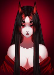 Rule 34 | 1girl, absurdres, bare shoulders, black hair, breasts, eyelashes, highres, horns, lips, lipstick, loen, long hair, looking at viewer, makeup, monster girl, oni, original, red eyes, short eyebrows, simple background, slit pupils, solo, straight hair, thick eyebrows, upper body