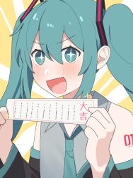 Rule 34 | + +, 1girl, :d, bare shoulders, bentou (bentou 1), black sleeves, blue eyes, blue hair, blue necktie, blush, close-up, collared shirt, detached sleeves, dot nose, fang, grey shirt, hair between eyes, hair ornament, hatsune miku, highres, holding, holding paper, long hair, long sleeves, looking at viewer, necktie, number tattoo, open mouth, paper, shirt, sidelocks, skin fang, sleeveless, sleeveless shirt, smile, solo, sparkle, sunburst, sunburst background, tattoo, twintails, two-tone background, upper body, v-shaped eyebrows, vocaloid, white background, yellow background