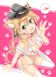 Rule 34 | 10s, 1girl, :d, anchor hair ornament, animal ear legwear, animal ears, arm garter, ass, bare arms, bare shoulders, bell, blonde hair, blush, bow, bowtie, bra, breasts, cat cutout, cat day, cat ear legwear, cat ear panties, cat ears, cat lingerie, cat tail, choker, cleavage, cleavage cutout, clothing cutout, collarbone, extra ears, fang, frilled bra, frills, from above, green eyes, grey hat, hair ornament, hand up, hat, heart, highres, inuzumi masaki, jingle bell, kantai collection, long hair, looking at viewer, looking up, low twintails, medium breasts, meme attire, navel piercing, open mouth, panties, peaked cap, piercing, pink bow, pink bowtie, prinz eugen (kancolle), ribbon, side-tie panties, sitting, smile, solo, spoken heart, spread legs, tail, tareme, thighhighs, twintails, twitter username, two-tone background, underwear, underwear only, wariza, white panties, white ribbon, white thighhighs