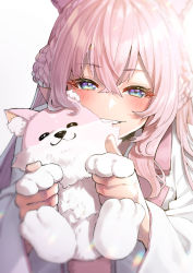 Rule 34 | 1girl, absurdres, animal, animal ears, blue eyes, blush, braid, coyote, dog, grin, hakui koyori, highres, holding, holding animal, hololive, lab coat, looking at viewer, mikan (chipstar182), pink eyes, puppy, simple background, smile, solo, virtual youtuber, white background
