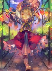Rule 34 | 1girl, adapted costume, blonde hair, cha goma, flandre scarlet, food, fruit, hat, highres, sash, side ponytail, smile, solo, strawberry, touhou, wings