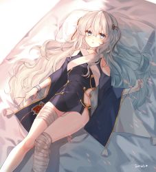 Rule 34 | 1girl, bad id, bad pixiv id, bandaged leg, bandaged neck, bandages, bed, blood, blood bag, blue eyes, blush, commentary request, dress, girls&#039; frontline, hair between eyes, highres, intravenous drip, long hair, looking at viewer, lying, nail polish, on back, pillow, ribeyrolles (girls&#039; frontline), silver hair, solo, wavy hair, yeonuh