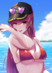 Rule 34 | 1girl, absurdres, arm up, armpit crease, arrow through heart, bikini, black hat, blue sky, blush, breasts, cloud, cloudy sky, commentary request, eyelashes, eyewear on head, food, food on body, gold trim, gradient hair, hair between eyes, hat, heterochromia, highres, holding, hololive, houshou marine, houshou marine (summer), ice cream, ice cream cone, large breasts, licking, long hair, looking at viewer, multicolored hair, ocean, official alternate costume, ooike teru, outdoors, purple hair, red eyes, red hair, shiny skin, sideboob, skindentation, sky, solo, suggestive fluid, swimsuit, tongue, tongue out, underboob, upper body, virtual youtuber, wet, yellow eyes