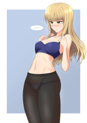 Rule 34 | 1girl, black pantyhose, blonde hair, blue bra, blue panties, blush, bra, breasts, glasses, highres, long hair, navel, panties, panties under pantyhose, pantyhose, perrine h. clostermann, small breasts, solo, standing, strike witches, underwear, world witches series, yellow eyes