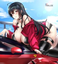 Rule 34 | 1girl, ahoge, all fours, azur lane, bare shoulders, bikini, black bikini, black choker, black footwear, black hair, blush, boots, breasts, car, choker, cleavage, eyewear on head, ferrari f8 tributo, glasses, hair between eyes, hair in own mouth, highleg, highleg bikini, highres, huge breasts, jacket, long hair, looking at viewer, motor vehicle, multi-strapped bikini bottom, off-shoulder jacket, off shoulder, official alternate costume, one side up, parted lips, pixiv username, race queen, red eyes, red jacket, sky, smile, solo, sunglasses, swimsuit, taihou (azur lane), taihou (enraptured companion) (azur lane), thigh boots, thigh strap, thighhighs, tnolize