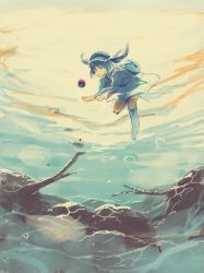 Rule 34 | 1girl, backpack, bag, blue eyes, blue hair, boots, bubble, hair bobbles, hair ornament, hat, highres, kawashiro nitori, kitsune (kazenouta), long sleeves, matching hair/eyes, rubber boots, shirt, skirt, solo, touhou, two side up, underwater, water