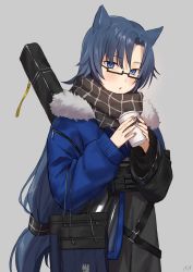 Rule 34 | 1girl, absurdres, animal ears, arknights, artist name, bad id, bad pixiv id, bag, bespectacled, black-framed eyewear, black scarf, blue eyes, blue hair, blue jacket, blush, commentary request, cup, fang (arknights), fang (cruciata) (arknights), fur-trimmed jacket, fur trim, glasses, grey background, grey nails, hair between eyes, hands up, highres, holding, holding cup, jacket, jfjf, long hair, long sleeves, looking at viewer, low-tied long hair, nail polish, official alternate costume, parted lips, partial commentary, scarf, signature, simple background, solo, upper body, very long hair