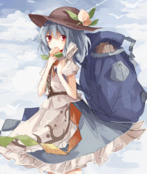 Rule 34 | 1girl, alternate hair length, alternate hairstyle, apple da-ze, apron, backpack, bag, blue hair, cloud, cloudy sky, day, food, frills, fruit, hat, hinanawi tenshi, looking at viewer, peach, red eyes, rope, shimenawa, short hair, sky, touhou