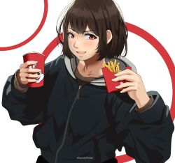 Rule 34 | 1girl, absurdres, black jacket, brown eyes, brown hair, brown sweater, cup, fast food, food, french fries, highres, holding, holding cup, jacket, jollibee, looking at viewer, open mouth, original, short hair, solo, spookypicklez, sweatdrop, sweater