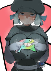 Rule 34 | &gt;:(, 1girl, black hat, blush, breasts, breath, cabbie hat, cleavage, cleavage cutout, clothes writing, clothing cutout, commentary request, creatures (company), game freak, gerumaga, gloves, great ball, green hair, grey gloves, hat, highres, huge breasts, looking at viewer, nintendo, paizuri invitation, poke ball, pokemon, pokemon usum, ripping, shirt, sketch, solo, sweatdrop, team rainbow rocket grunt, team rainbow rocket uniform, tearing clothes, torn clothes, torn shirt, v-shaped eyebrows, waist poke ball
