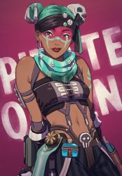 Rule 34 | 1girl, 2gou, :p, alternate costume, alternate hair color, apex legends, arms at sides, bandana, bare shoulders, breasts, brown eyes, brown gloves, brown lips, commentary request, dark-skinned female, dark skin, double bun, earrings, eyelashes, facepaint, gloves, green hair, green scarf, hair bun, hair ornament, highres, jewelry, lifeline (apex legends), lips, lipstick, looking at viewer, makeup, navel, nose, pirate queen lifeline, reclining, scarf, short hair, shoulder tattoo, skull hair ornament, small breasts, solo, stomach, strapless, suspenders, tattoo, tongue, tongue out, tube top