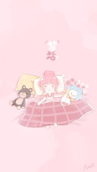 1girl angry animal artist_request bare_arms bare_shoulders barefoot blanket blunt_bangs blush_stickers capelet cat chinese_commentary chinese_text closed_eyes clothed_animal commentary_request copyright_name dot_nose frilled_tank_top furrowed_brow hair_bun highres holding holding_pillow hood hood_up hooded_capelet lying momo_(nikki) motion_lines neck_ribbon nikki_(nikki) nikki_(series) official_art on_back on_bed open_mouth orange_ribbon pillow pink_background pink_hair pink_tank_top profanity ribbon second-party_source shining_nikki short_hair single_hair_bun sleeping snoring square_neckline star_(symbol) star_print stuffed_animal stuffed_toy tank_top teddy_bear translation_request under_covers updo wavy_mouth white_cat yellow_capelet