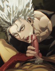 Rule 34 | 2boys, absurdres, after fellatio, belt, collarbone, commentary, cum, cum on male, dudlesnoodles, eyebrows, facial, garou (one-punch man), gloves, grey hair, highres, looking at viewer, male focus, male pubic hair, multiple boys, muscular, muscular male, one-punch man, open mouth, pectorals, penis, penis grab, pointy hair, pov, pubic hair, red gloves, saitama (one-punch man), skin tight, superhero costume, symbol-only commentary, testicles, tongue, uncensored, upper body, yaoi, yellow eyes