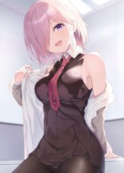 Rule 34 | 1girl, :d, bad id, bad twitter id, bare shoulders, black dress, black pantyhose, blush, breasts, collar, collared dress, commentary request, dress, fate/grand order, fate (series), fine fabric emphasis, hair over one eye, highres, jacket, large breasts, light purple hair, looking at viewer, maosame, mash kyrielight, necktie, off shoulder, open mouth, pantyhose, pleated dress, print necktie, print neckwear, purple eyes, short hair, sleeveless, sleeveless dress, smile, solo, white collar