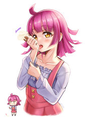 Rule 34 | 1girl, artist name, artist request, blush, breasts, brown eyes, chibi, collarbone, dress, dress shirt, dual persona, female focus, frilled dress, frills, full body, highres, holding, holding ice cream cone, ice cream cone, long sleeves, looking at viewer, love live!, love live! nijigasaki high school idol club, miniskirt, parted lips, pink hair, pink skirt, plaid, plaid skirt, pleated, pleated skirt, shirt, short hair, skirt, small breasts, smile, solo, tennoji rina, tongue, tongue out, white background, white shirt, yellow eyes
