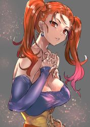 Rule 34 | 1girl, absurdres, breasts, brown eyes, brown hair, cleavage, corset, dragon quest, dragon quest viii, dress, earrings, highres, hotate-chan, jessica albert, jewelry, large breasts, long hair, looking at viewer, purple shirt, shirt, simple background, solo, strapless, twintails