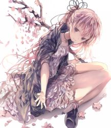 Rule 34 | 1girl, backlighting, bad id, bad pixiv id, black footwear, branch, cardigan, cherry blossoms, closed mouth, dress, floral print, flower, from side, highres, holding, holding branch, kneeling, long hair, looking at viewer, md5 mismatch, open cardigan, open clothes, opopowa, original, outstretched arm, petals, platform footwear, ponytail, shadow, shoes, smile, solo, very long hair, wavy hair, white background, white dress
