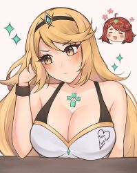 Rule 34 | 2girls, bare shoulders, black hairband, blonde hair, blush, breasts, chibi, chibi inset, cleavage, commentary, english commentary, grey background, hairband, hand in own hair, hand up, highres, large breasts, long hair, multiple girls, mythra (xenoblade), purrlucii, pyra (xenoblade), simple background, upper body, very long hair, xenoblade chronicles (series), xenoblade chronicles 2, yellow eyes