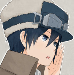 Rule 34 | 00s, 1girl, androgynous, artist request, black eyes, black hair, brimmed hat, close-up, coat, fur, goggles, hand over mouth, hat, kino (kino no tabi), kino no tabi, short hair, solo, tagme