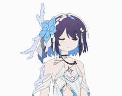 Rule 34 | 1girl, animated, animated gif, bare shoulders, black choker, blue flower, blue hair, bow, choker, closed eyes, colored inner hair, dress, flower, hair bow, hair flower, hair ornament, honkai (series), honkai impact 3rd, idol (yoasobi), looping animation, ly.t, multicolored hair, open mouth, oshi no ko, seele vollerei, seele vollerei (herrscher of rebirth), shaking head, short hair, sidelocks, simple background, solo, streaked hair, upper body, white background, white bow, white dress