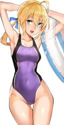 Rule 34 | 1girl, absurdres, ahoge, armpits, artoria pendragon (all), artoria pendragon (fate), bad id, bad twitter id, blonde hair, blue one-piece swimsuit, blue ribbon, blush, breasts, collarbone, covered navel, cowboy shot, fate/grand order, fate/stay night, fate (series), green eyes, hair between eyes, highres, holding, holding swim ring, innertube, long hair, looking at viewer, medium breasts, official alternate costume, one-piece swimsuit, open mouth, ponytail, ribbon, saber (fate), saber (summer battle clothes) (fate), sawatari kazuma, school swimsuit, solo, standing, swim ring, swimsuit, white background