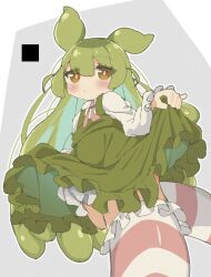 Rule 34 | 1girl, adapted costume, alternate costume, alternate hair length, alternate hairstyle, blush, closed mouth, frilled skirt, frilled sleeves, frills, from below, green hair, green skirt, hair between eyes, highres, long hair, n u, puffy sleeves, red ribbon, ribbon, shirt, simple background, skirt, skirt hold, striped clothes, striped thighhighs, suspender skirt, suspenders, thighhighs, voicevox, white shirt, yellow eyes, zundamon
