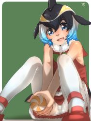 Rule 34 | 1girl, :d, alternate costume, bad id, bad pixiv id, bare shoulders, barefoot, black hair, blowhole, blue eyes, blue hair, commentary request, common dolphin (kemono friends), dorsal fin, flippers, fur collar, fur trim, green background, gusset, highres, kemono friends, looking at viewer, multicolored hair, open mouth, panties, panties under pantyhose, pantyhose, short hair, simple background, sitting, smile, solo, thin (suzuneya), underwear, white hair, white panties, white pantyhose