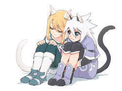 Rule 34 | 2boys, :3, animal ears, azuma yukihiko, blonde hair, blue eyes, cat boy, cat ears, cat tail, genius sage, highres, long sleeves, looking at another, male focus, medium hair, mithos yggdrasill, multiple boys, sitting, tail, tales of (series), tales of symphonia, trap, white hair, yaoi